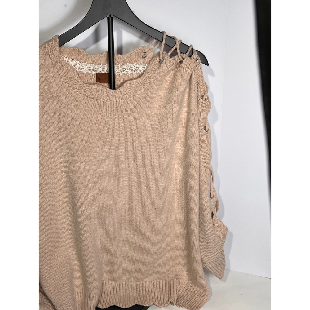 POL Lace Up Long Sleeve Sweater Tan Beige Knit‎ Pullover Casual Soft Comfortable - Picture 3 of 6